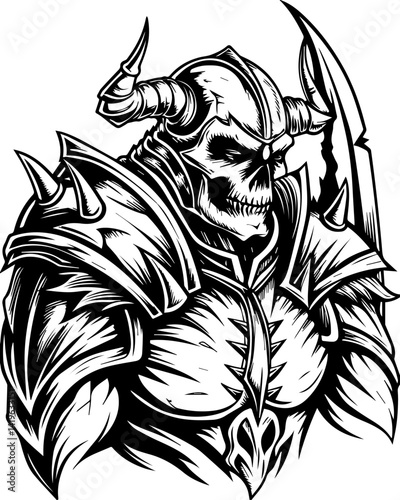 Cyberpunk demonic warriors design, SVG vector. Dark Warrior with Skull Mask in Spiked Armor and Menacing Pose