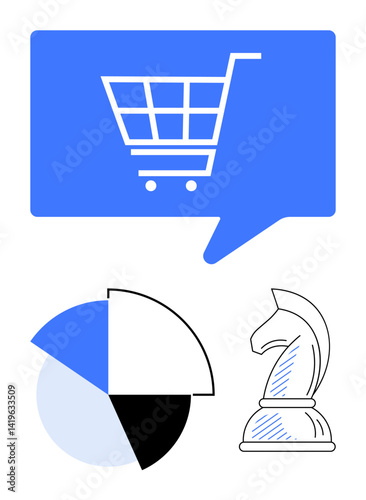 Shopping cart in speech bubble for online shopping, pie chart for data analysis, knight chess piece for strategic planning. Ideal for business, marketing, e-commerce, analytics, decision-making