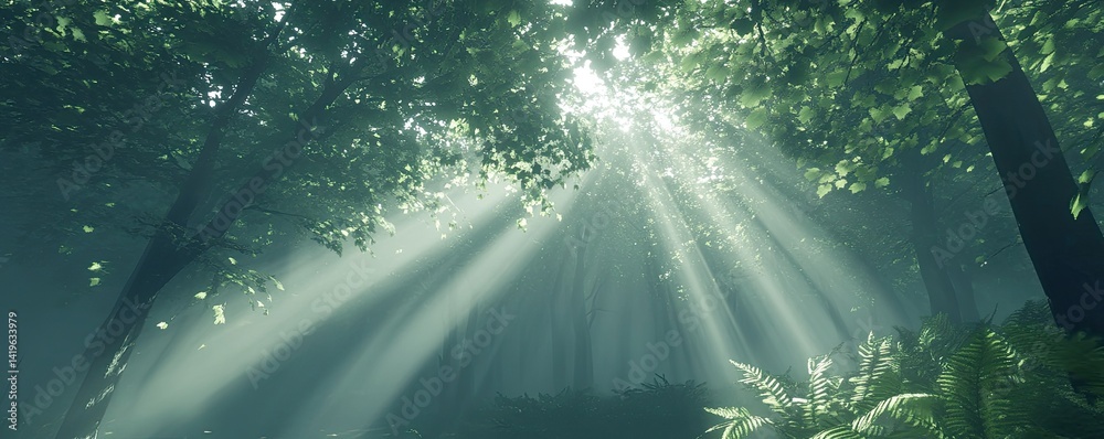A lush jungle canopy view from the ground, with beams of sunlight breaking through the dense foliage. A lush jungle canopy view from the ground, with beams of sunlight breaking through the dense foliage.