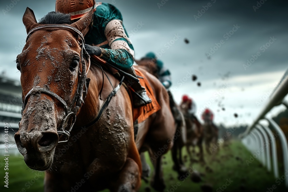 Obraz premium Intense Horse Racing Scene with Jockeys Competing on a Wet Track
