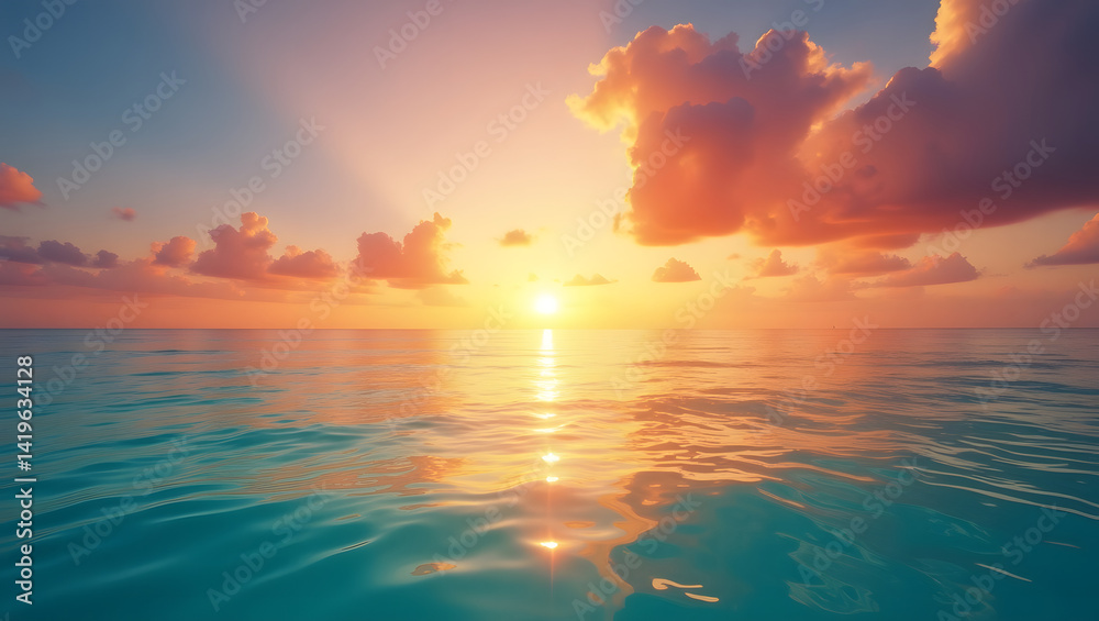 Obraz premium sunset view sun falling rays striking to ocean making a romantic view