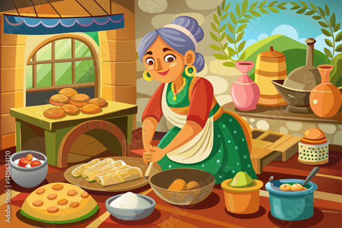 vector of A village woman who is busy baking bread