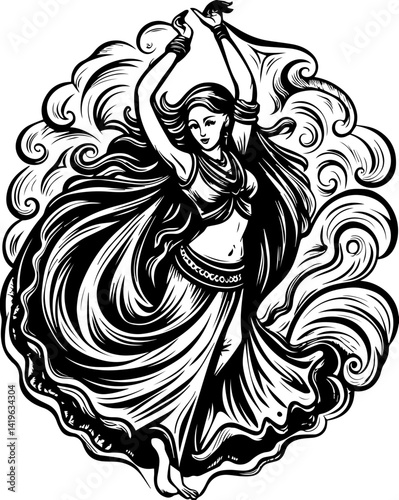 Cyberpunk demonic warriors design, SVG vector. Graceful Belly Dancer in Elegant Pose with Flowing Veil and Swirling Energy