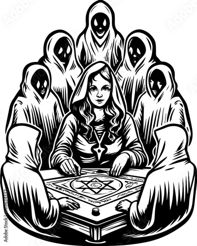 Cyberpunk demonic warriors design, SVG vector. Mysterious Seance with a Medium Surrounded by Shadowy Figures