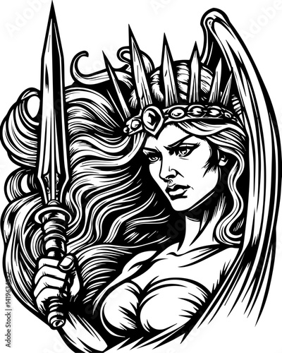 Cyberpunk demonic warriors design, SVG vector. Majestic Warrior Woman with Sword and Crown in Bold Artistic Style