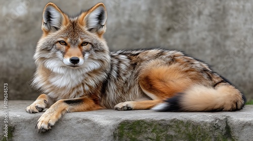 Coyote Resting Portrait Lying Down on Rock with Alert Expression