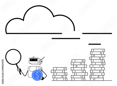 Robot with magnifier examining financial growth, coins stacked in increasing order, cloud above. Ideal for AI, finance, tech innovation, cloud computing, productivity, analytics digital economy