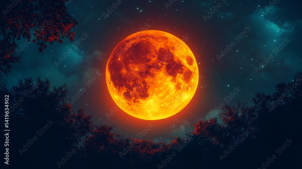 Obraz premium Fiery Orange Full Moon Night Sky with Trees
