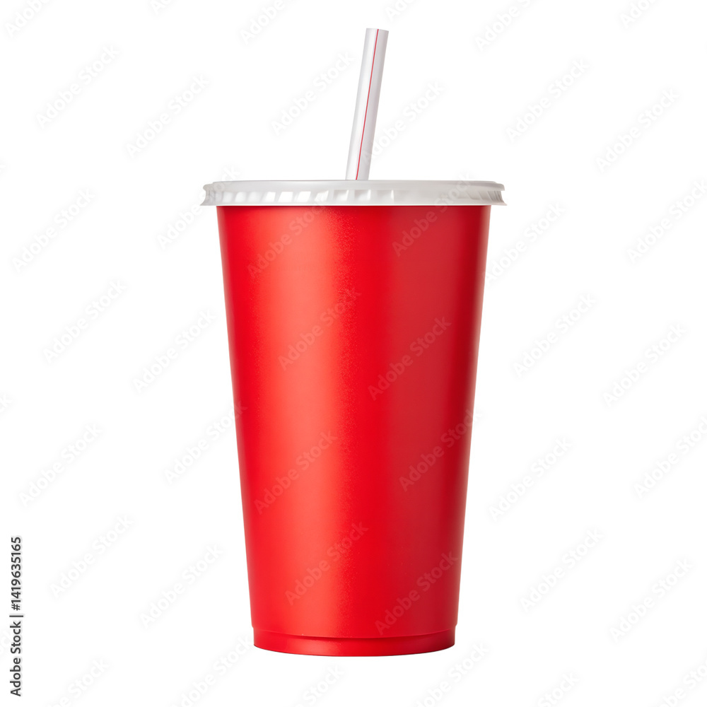 A vibrant red plastic cup filled with soda and a white straw