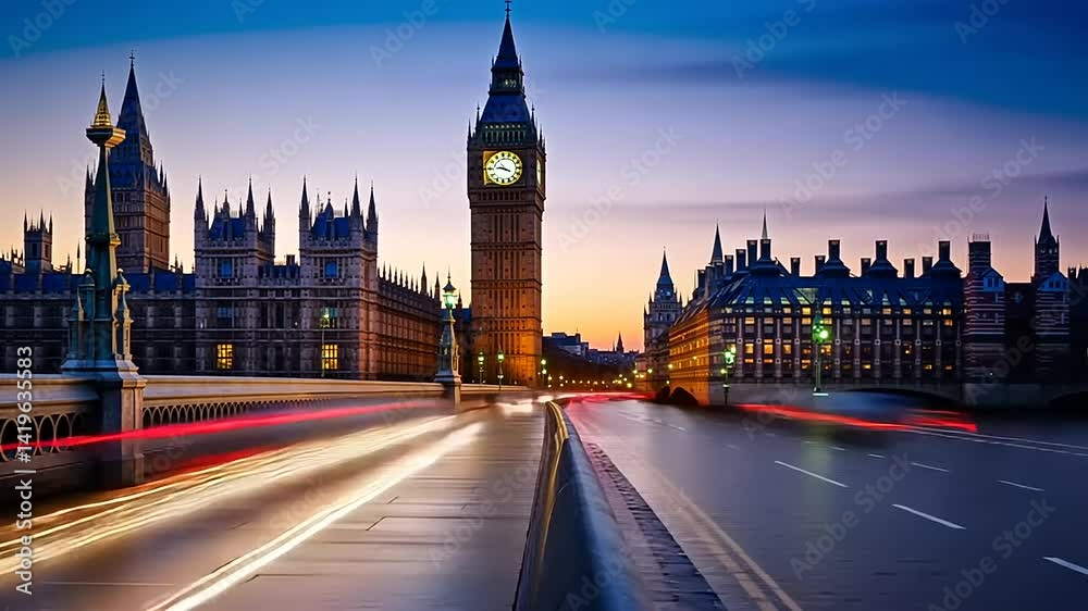 Stunning twilight view of Big Ben and Houses of Parliament over the River Thames in London Stunning twilight view of Big Ben and Houses of Parliament over the River Thames in London