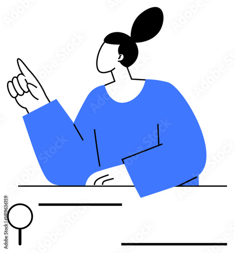 Person raising index finger as if making a point or asking a question. Ideal for education, creativity, leadership, communication, inspiration, brainstorming, simple landing page