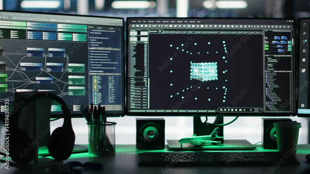 Vidéo Stock Monitors in data center displaying node tree interfaces ...