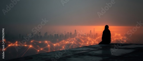 Silhouette of person sitting overlooking city lights at dusk or dawn.