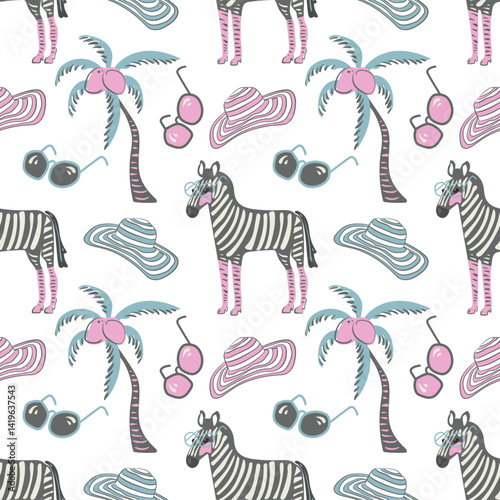 Abstract pattern with animals zebras in glasses, sun hats and palms in trendy colors. Exotic tropical background with coconuts and zebras. Vector seamless pattern. Summer beach design in the jungle