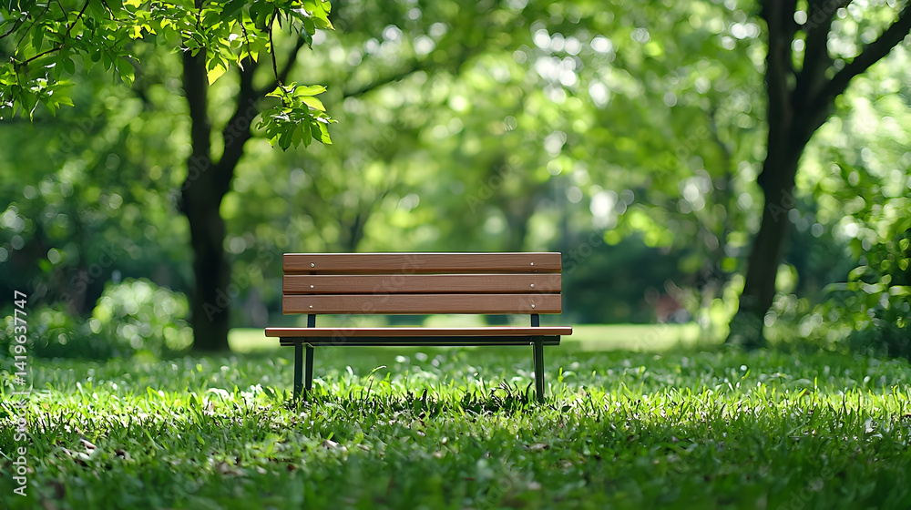 Empty Wooden Park Bench Under Lush Green Trees Empty Wooden Park Bench Under Lush Green Trees