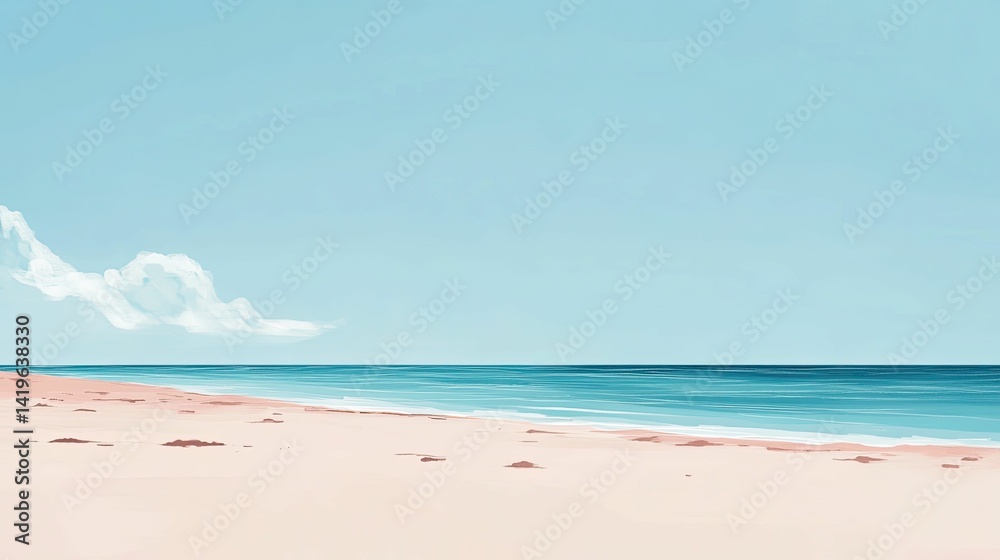 Fototapeta premium Serene beach scene: pale sand, calm ocean, blue sky.
