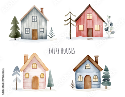 Set of watercolor scandinavian houses. Cute fairy northern houses. Hand drawn childlike illustration
