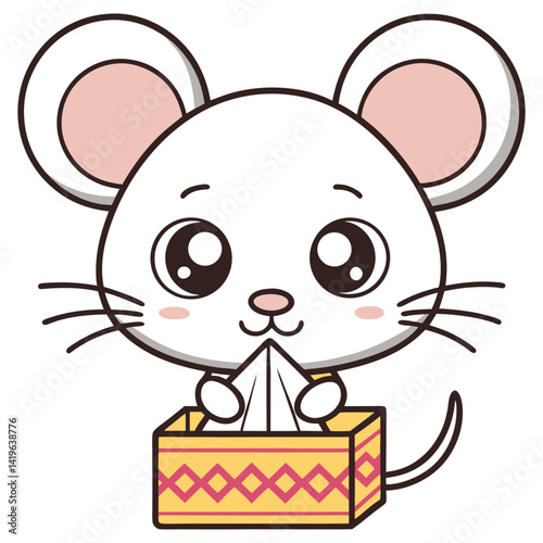 Cartoon white mouse pulling a tissue from yellow box with white background