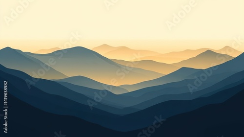 Minimalist landscape illustration features receding layers of mountain silhouettes in shades of dark blue under a pale yellow sky, evoking a calm, hazy atmosphere.