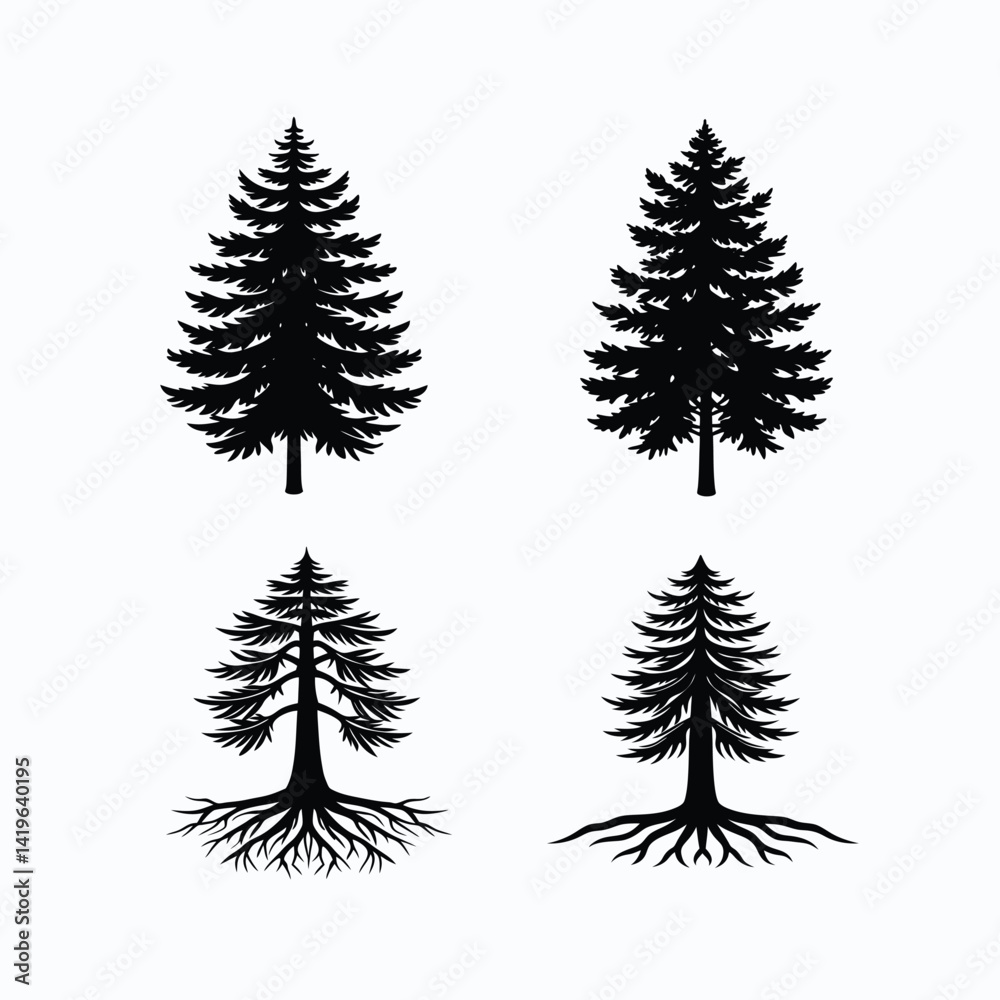 set of silhouettes of trees. pine trees isolated on white background set of silhouettes of trees. pine trees isolated on white background