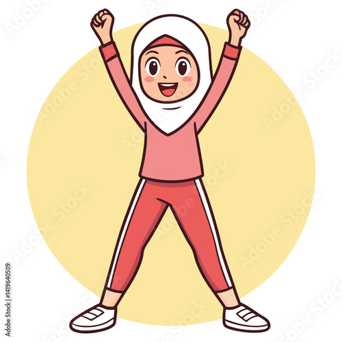 Cheerful Muslim Girl with Arms Raised, Wearing Hijab, Pink Outfit on Yellow Background