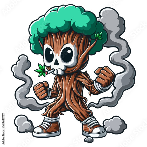 Cartoon Tree Character with Skull Face Smoking Weed