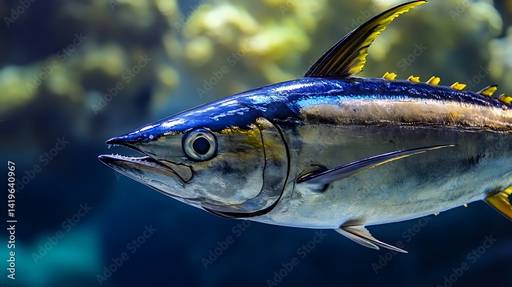 Close-up view of a vibrant fish swimming gracefully in an aquarium with colorful coral backdrop Close-up view of a vibrant fish swimming gracefully in an aquarium with colorful coral backdrop