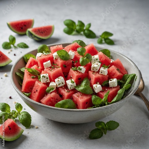 Fresh vegetarian salad with red tomato, white feta cheese, and green cucumber is a healthy and delicious appetizer