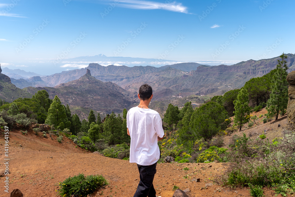 Fototapeta premium Young man hiking at the top of Gran Canaria Island in a sunny day. Canary islands. Spain