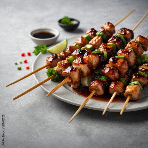 Grilled meat shish kebab on skewers, a delicious barbecue meal of cooked chicken and beef