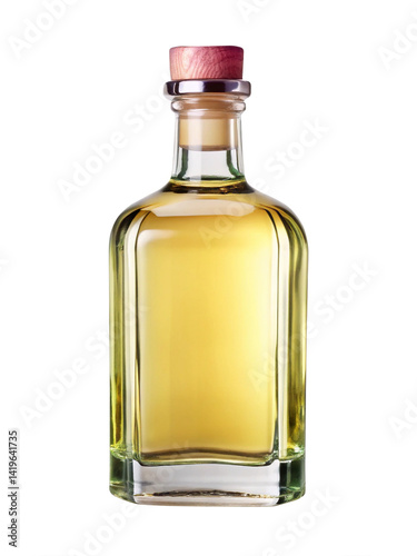 Elegant glass bottle filled with golden liquid and topped with wooden stopper