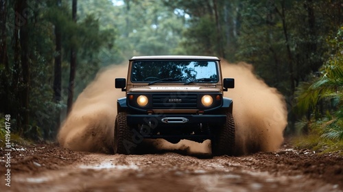 Off-road vehicle splashing through mud on a dirt track surrounded by lush green trees creating a sense of adventure and power in a natural setting. The vehicle is in motion. 