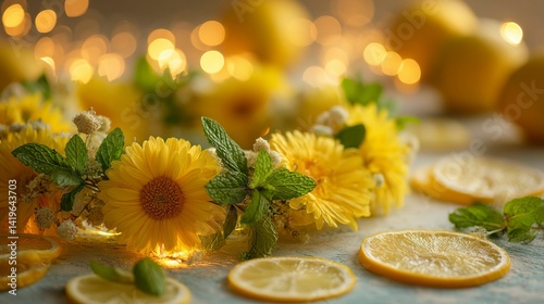 Glowing sunflower wreath with citrus slices and mint leaves, radiating vibrant summer energy and warmth.