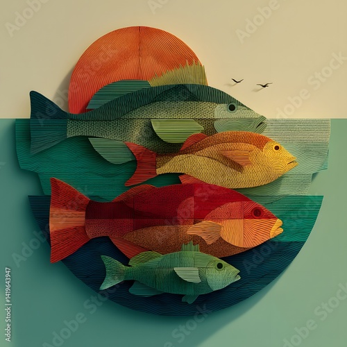 Sunset School of Fish: An abstract illustration of five fish, each distinct in color and design, swimming together in a circular underwater landscape, with a vibrant sunset above the surface.