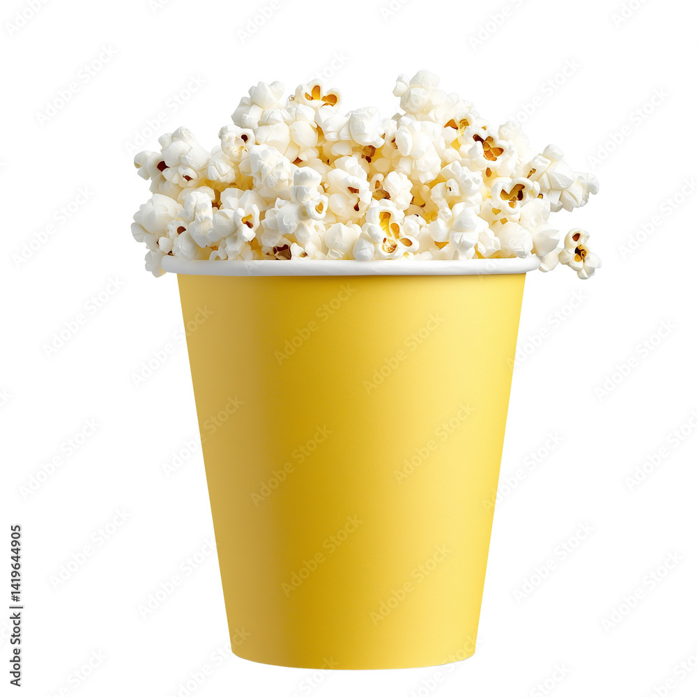 A yellow paper cup filled with popcorn