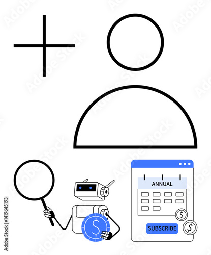 Robot inspecting user account creation icon, magnifying glass, and annual subscription calendar with coins. Ideal for technology, automation, subscription model, user management, digital services