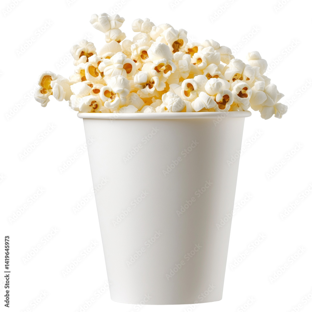 A white paper cup filled with popcorn