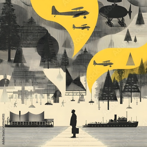 Air travel aspirations: A stylized illustration depicting a person standing on a path with thought bubbles showing different transportation methods.
