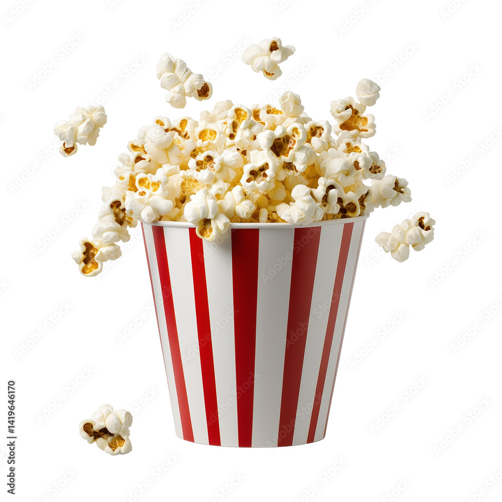 A red and white popcorn bucket with popcorn spilling out of it