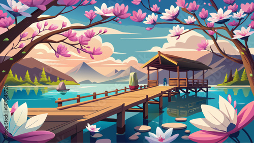 wooden pier over the lake with magnolia blossoms in foreground
