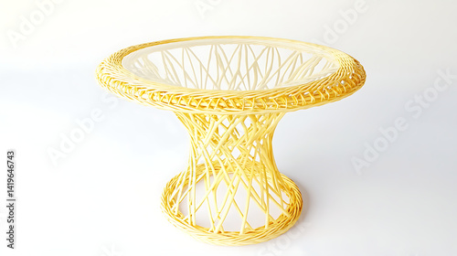 A yellow wicker table with a clear glass top