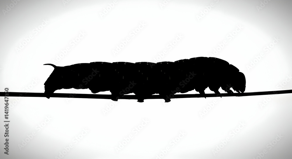 Silhouette of a Caterpillar on a Line Against a White Background Silhouette of a Caterpillar on a Line Against a White Background