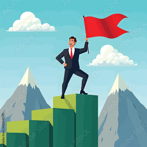 Business success achievement concept illustration of man on top with flag and mountain background