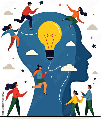 Illustration depicts diverse people collaborating around a lightbulb inside a head, symbolizing teamwork and innovative idea generation. Creative problemsolving concept.