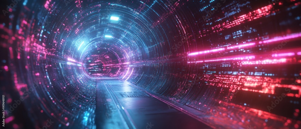 Fototapeta premium Neon Cyberpunk Tunnel: A Digital Journey Through Futuristic Data Streams