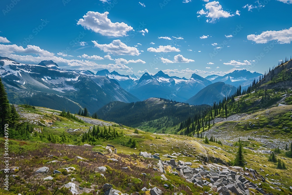 Fototapeta premium Panoramic View Of Green Mountain Range With Snowy Peaks And Blue Sky