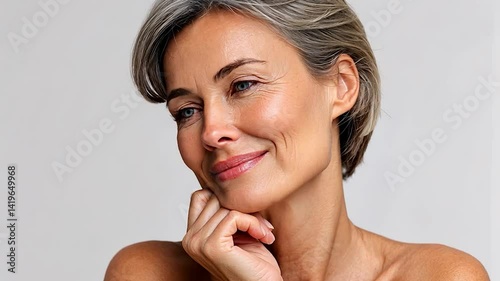 Radiant, mature woman with gray hair, looking thoughtful