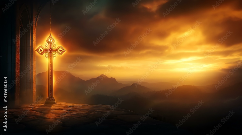 Fototapeta premium A glowing cross against a dramatic sunset backdrop in a serene landscape.