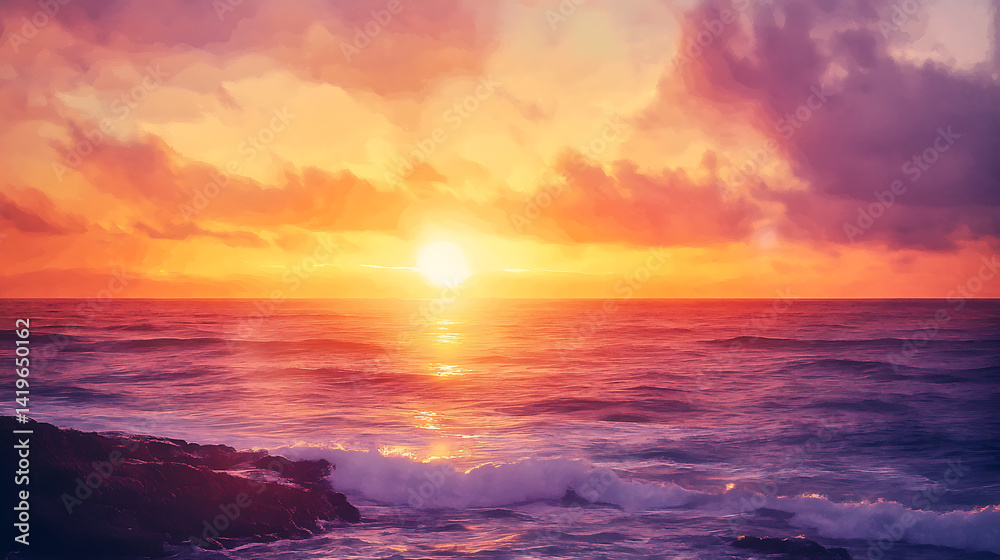 A beautiful sunset over the ocean with a large sun in the sky A beautiful sunset over the ocean with a large sun in the sky