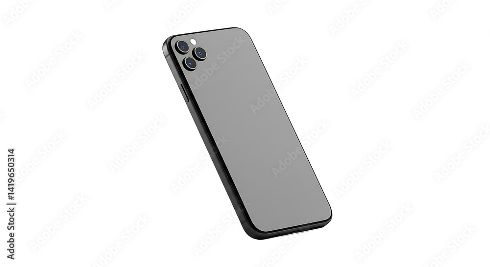 A gray smartphone with a triple lens camera on a black background in a studio lighting setup shot A gray smartphone with a triple lens camera on a black background in a studio lighting setup shot